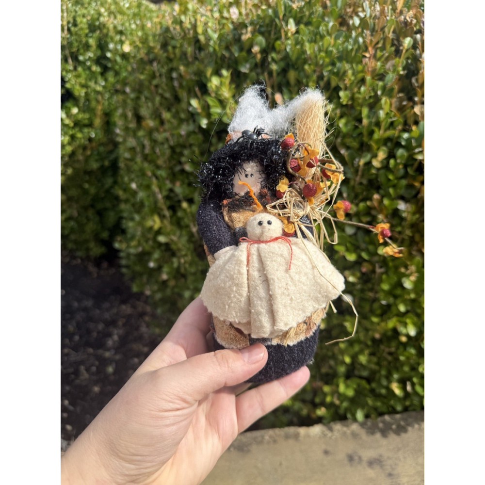 Primitive Style Witch Doll With Ghost Made In USA Handmade Halloween